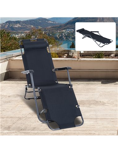 Outsunny 2 in 1 Sun Lounger Folding Reclining Chair Garden Outdoor Camping Adjustable Back with Pillow (Black)