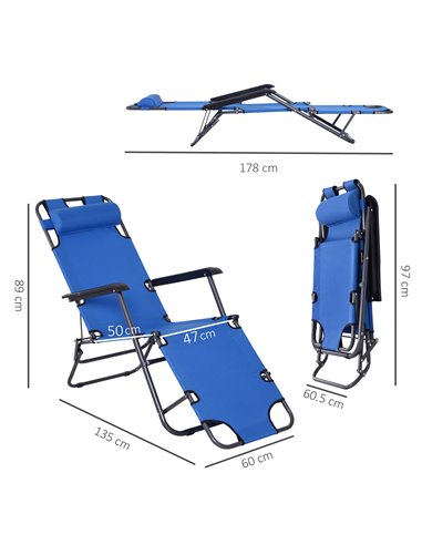 Outsunny 2 in 1 Sun Lounger Folding Reclining Chair Garden Outdoor Camping Adjustable Back with Pillow (Blue)
