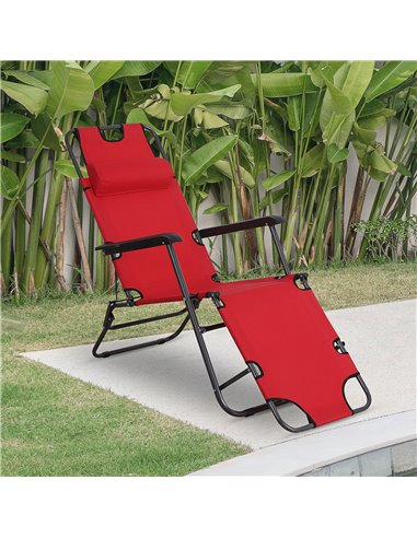 Outsunny 2 in 1 Sun Lounger Folding Reclining Chair Garden Outdoor Camping Adjustable Back with Pillow (Red)