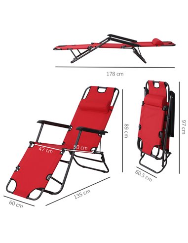 Outsunny 2 in 1 Sun Lounger Folding Reclining Chair Garden Outdoor Camping Adjustable Back with Pillow (Red)