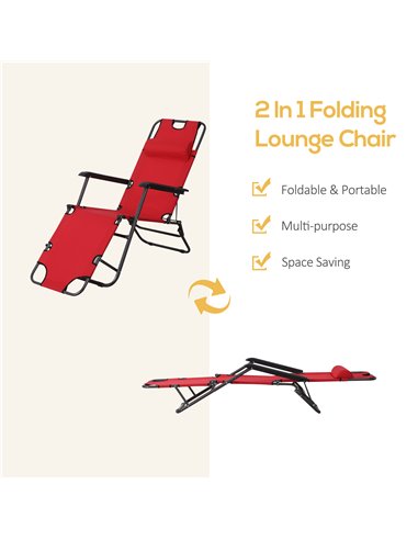 Outsunny 2 in 1 Sun Lounger Folding Reclining Chair Garden Outdoor Camping Adjustable Back with Pillow (Red)