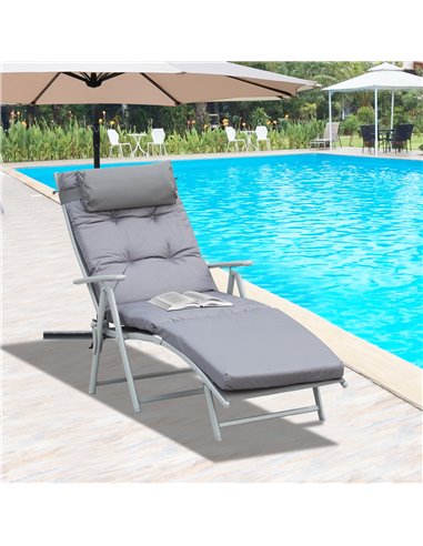 Outsunny Outdoor Patio Sun Lounger Garden Texteline Foldable Reclining Chair Pillow Adjustable Recliner with Cushion - Grey