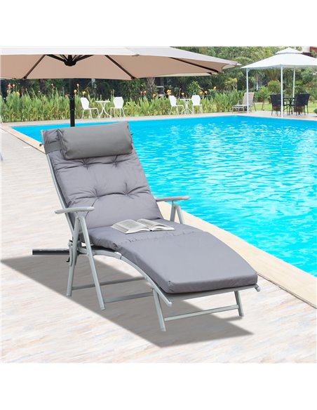 Outsunny Outdoor Patio Sun Lounger Garden Texteline Foldable Reclining Chair Pillow Adjustable Recliner with Cushion - Grey - pic 14103 | FastDaddyshop