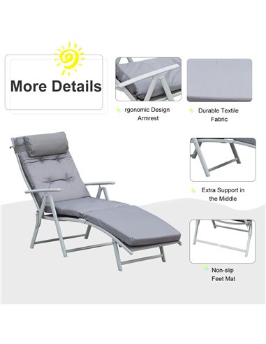Outsunny Outdoor Patio Sun Lounger Garden Texteline Foldable Reclining Chair Pillow Adjustable Recliner with Cushion - Grey