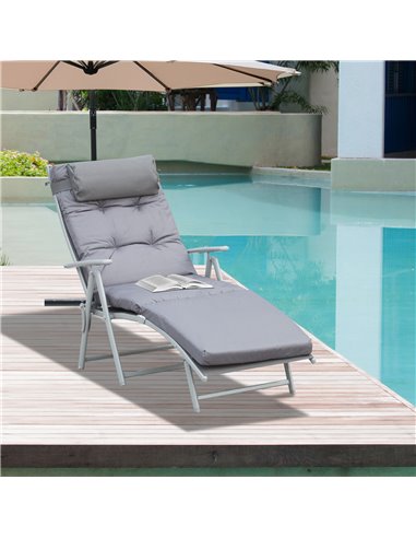 Outsunny Outdoor Patio Sun Lounger Garden Texteline Foldable Reclining Chair Pillow Adjustable Recliner with Cushion - Grey