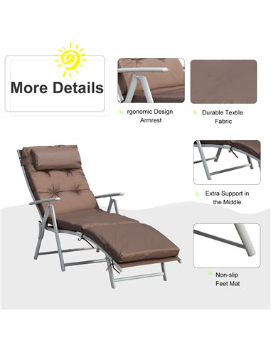 Outsunny Outdoor Patio Sun Lounger Garden Texteline Foldable Reclining Chair Pillow Adjustable Recliner with Cushion - Brown