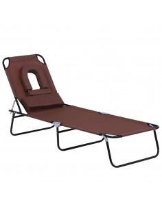 Outsunny Foldable Reclining Sun Lounger with Pillow and Reading Hole, Brownv
