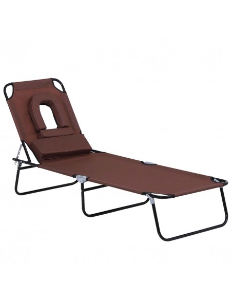 Outsunny Foldable Reclining Sun Lounger with Pillow and Reading Hole, Brownv - pic 14130 | FastDaddyshop