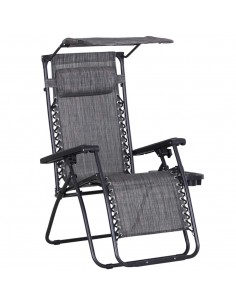Outsunny Garden Folding Sun Lounger, Reclining Seat with Cup Holder & Canopy Shade, Grey