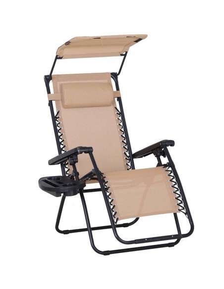 Outsunny Garden Folding Sun Lounger, Reclining Seat with Cup Holder & Canopy Shade, Beige - pic 14133 | FastDaddyshop