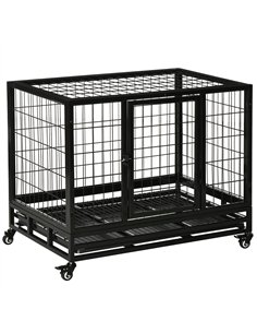 PawHut 38" Heavy Duty Metal Dog Crate Pet Cage with Tray Wheeled Dog Kennel - Black (Medium)