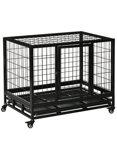 PawHut 38" Heavy Duty Metal Dog Crate Pet Cage with Tray Wheeled Dog Kennel - Black (Medium) - pic 141383 | FastDaddyshop