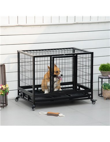 PawHut 38" Heavy Duty Metal Dog Crate Pet Cage with Tray Wheeled Dog Kennel - Black (Medium)