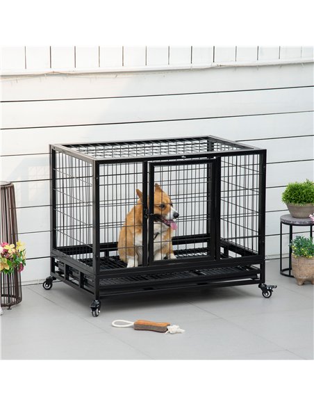 PawHut 38" Heavy Duty Metal Dog Crate Pet Cage with Tray Wheeled Dog Kennel - Black (Medium) - pic 141384 | FastDaddyshop