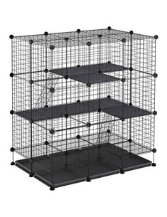 PawHut 3 Level DIY Pet Playpen Metal Small Animal Cage Rabbit Ferret Chinchillas Cage 4 Doors Bottom Trays Black