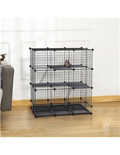 PawHut 3 Level DIY Pet Playpen Metal Small Animal Cage Rabbit Ferret Chinchillas Cage 4 Doors Bottom Trays Black 2