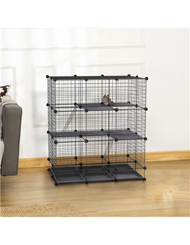 PawHut 3 Level DIY Pet Playpen Metal Small Animal Cage Rabbit Ferret Chinchillas Cage 4 Doors Bottom Trays Black