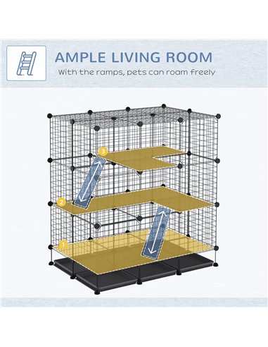 PawHut 3 Level DIY Pet Playpen Metal Small Animal Cage Rabbit Ferret Chinchillas Cage 4 Doors Bottom Trays Black