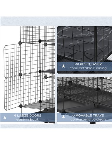 PawHut 3 Level DIY Pet Playpen Metal Small Animal Cage Rabbit Ferret Chinchillas Cage 4 Doors Bottom Trays Black