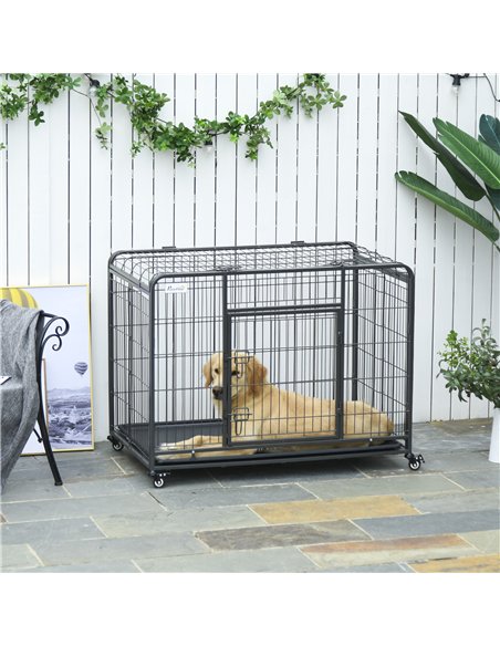 PawHut Metal Dog Cage Kennel Locking Door & Wheels Removable Tray Openable Top For Large Pets 109.5 x 71 x 78 cm - pic 141438 | FastDaddyshop
