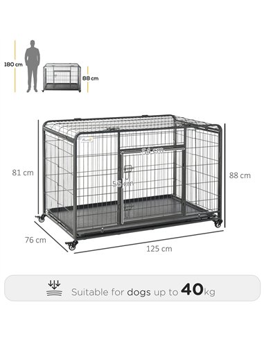 PawHut Metal Dog Cage Kennel Locking Door & Wheels Removable Tray Openable Top For Extra Large Pets 125 x 76 x 81 cm