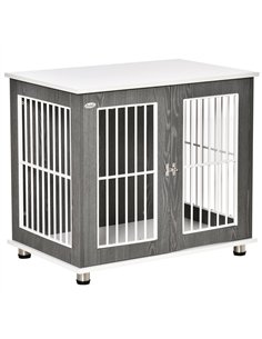 PawHut Dog Crate Wooden Pet Kennel Cage End Table w/ Lockable Door for Small Medium Dog Grey & White 85 x 55 x 75 cm