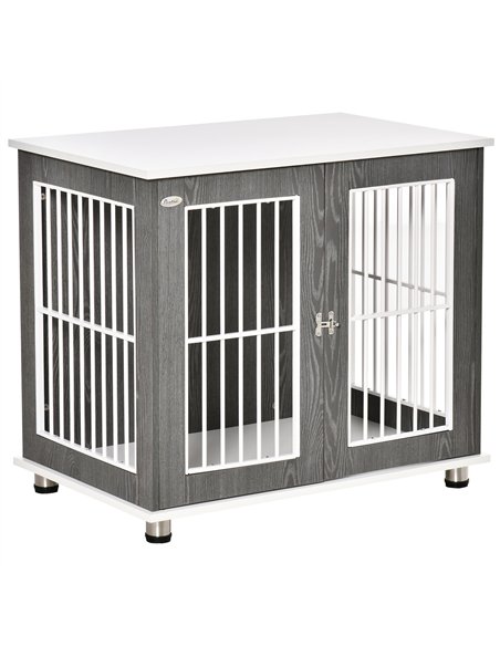 PawHut Dog Crate Wooden Pet Kennel Cage End Table w/ Lockable Door for Small Medium Dog Grey & White 85 x 55 x 75 cm - pic 141491 | FastDaddyshop