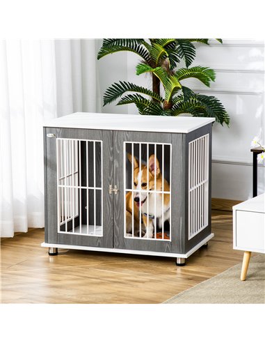 PawHut Dog Crate Wooden Pet Kennel Cage End Table w/ Lockable Door for Small Medium Dog Grey & White 85 x 55 x 75 cm