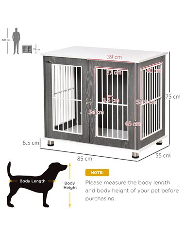 PawHut Dog Crate Wooden Pet Kennel Cage End Table w/ Lockable Door for Small Medium Dog Grey & White 85 x 55 x 75 cm