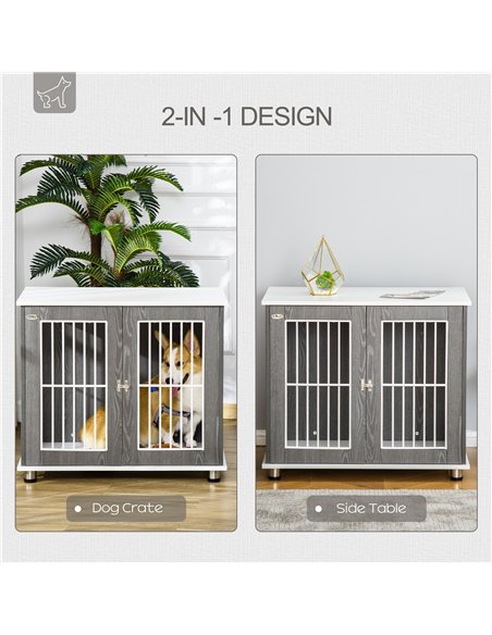 PawHut Dog Crate Wooden Pet Kennel Cage End Table w/ Lockable Door for Small Medium Dog Grey & White 85 x 55 x 75 cm - pic 141494 | FastDaddyshop