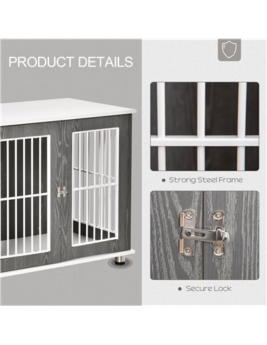 PawHut Dog Crate Wooden Pet Kennel Cage End Table w/ Lockable Door for Small Medium Dog Grey & White 85 x 55 x 75 cm
