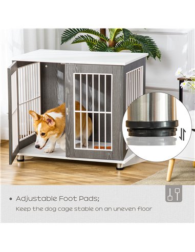 PawHut Dog Crate Wooden Pet Kennel Cage End Table w/ Lockable Door for Small Medium Dog Grey & White 85 x 55 x 75 cm