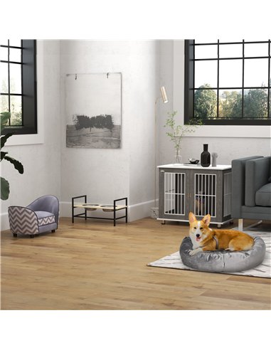 PawHut Dog Crate Wooden Pet Kennel Cage End Table w/ Lockable Door for Small Medium Dog Grey & White 85 x 55 x 75 cm