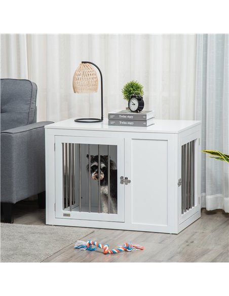 PawHut 2-in-1 Dog Cage and Side Table, with Two Lockable Doors, for Medium Dogs - White - pic 141528 | FastDaddyshop
