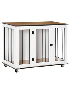 PawHut Dog Crate Furniture, Dog Cage End Table with Wheels, Lockable Door, for Medium Dogs, 106 x 60 x 82 cm - White