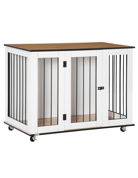 PawHut Dog Crate Furniture, Dog Cage End Table with Wheels, Lockable Door, for Medium Dogs, 106 x 60 x 82 cm - White - pic 141572 | FastDaddyshop