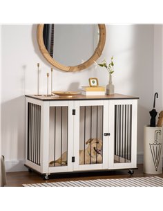 PawHut Dog Crate Furniture, Dog Cage End Table with Wheels, Lockable Door, for Medium Dogs, 106 x 60 x 82 cm - White 2