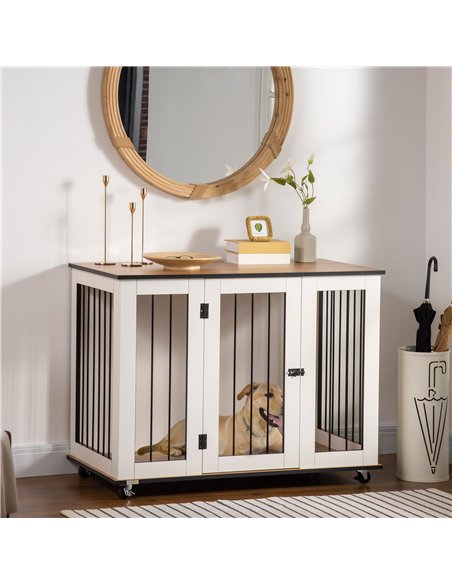 PawHut Dog Crate Furniture, Dog Cage End Table with Wheels, Lockable Door, for Medium Dogs, 106 x 60 x 82 cm - White - pic 141573 | FastDaddyshop
