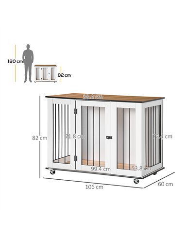 PawHut Dog Crate Furniture, Dog Cage End Table with Wheels, Lockable Door, for Medium Dogs, 106 x 60 x 82 cm - White