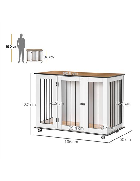PawHut Dog Crate Furniture, Dog Cage End Table with Wheels, Lockable Door, for Medium Dogs, 106 x 60 x 82 cm - White - pic 141574 | FastDaddyshop