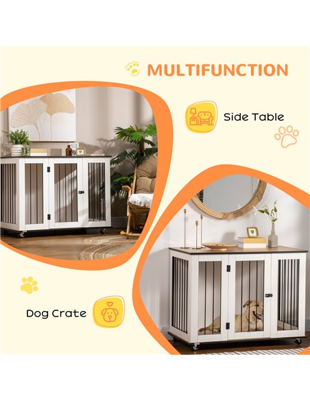 PawHut Dog Crate Furniture, Dog Cage End Table with Wheels, Lockable Door, for Medium Dogs, 106 x 60 x 82 cm - White - pic 141576 | FastDaddyshop