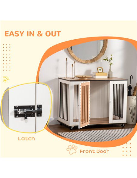 PawHut Dog Crate Furniture, Dog Cage End Table with Wheels, Lockable Door, for Medium Dogs, 106 x 60 x 82 cm - White - pic 141578 | FastDaddyshop