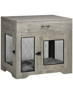 PawHut Dog Cage End Table with Two Doors, Drawer, for Medium Dogs - Grey