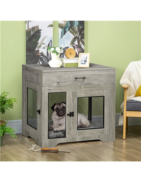 PawHut Dog Cage End Table with Two Doors, Drawer, for Medium Dogs - Grey - pic 141591 | FastDaddyshop