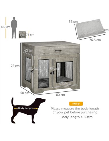 PawHut Dog Cage End Table with Two Doors, Drawer, for Medium Dogs - Grey