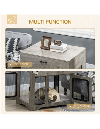PawHut Dog Cage End Table with Two Doors, Drawer, for Medium Dogs - Grey