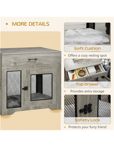 PawHut Dog Cage End Table with Two Doors, Drawer, for Medium Dogs - Grey