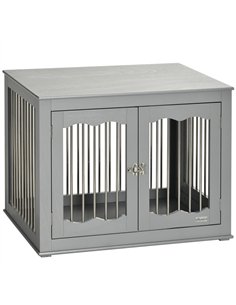 PawHut Dog Crate End Table Furniture Style Dog Cage w/ Three Doors, Locks and Latches - Grey