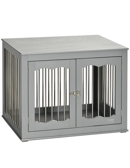 PawHut Dog Crate End Table Furniture Style Dog Cage w/ Three Doors, Locks and Latches - Grey - pic 141617 | FastDaddyshop