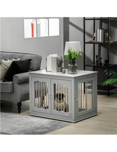 PawHut Dog Crate End Table Furniture Style Dog Cage w/ Three Doors, Locks and Latches - Grey